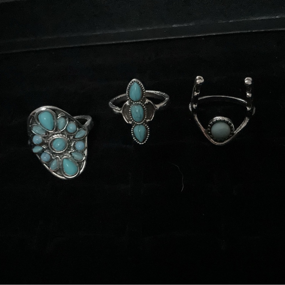 New x3 Silver Tone Rings Turquoise Inspired Trendy Fashion Ring Set Size 7 / 8 - Picture 4 of 6